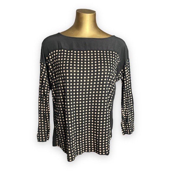 Hi Line Silk Viscose Top Shirt Black Tan Polka Dot Contrast Very Soft Size Small - Picture 1 of 5